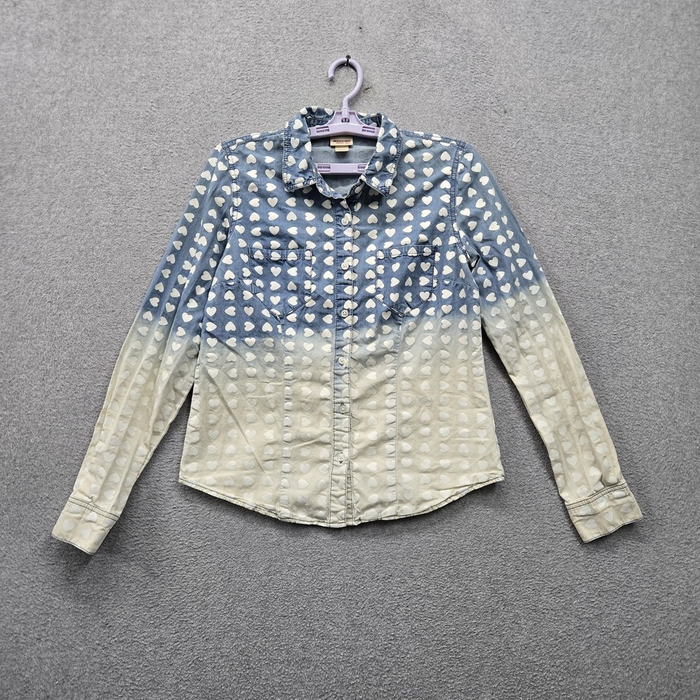 Mossimo Supply Co. Women Button Up Shirt M/M Blue Hearts Ombre AOP Denim